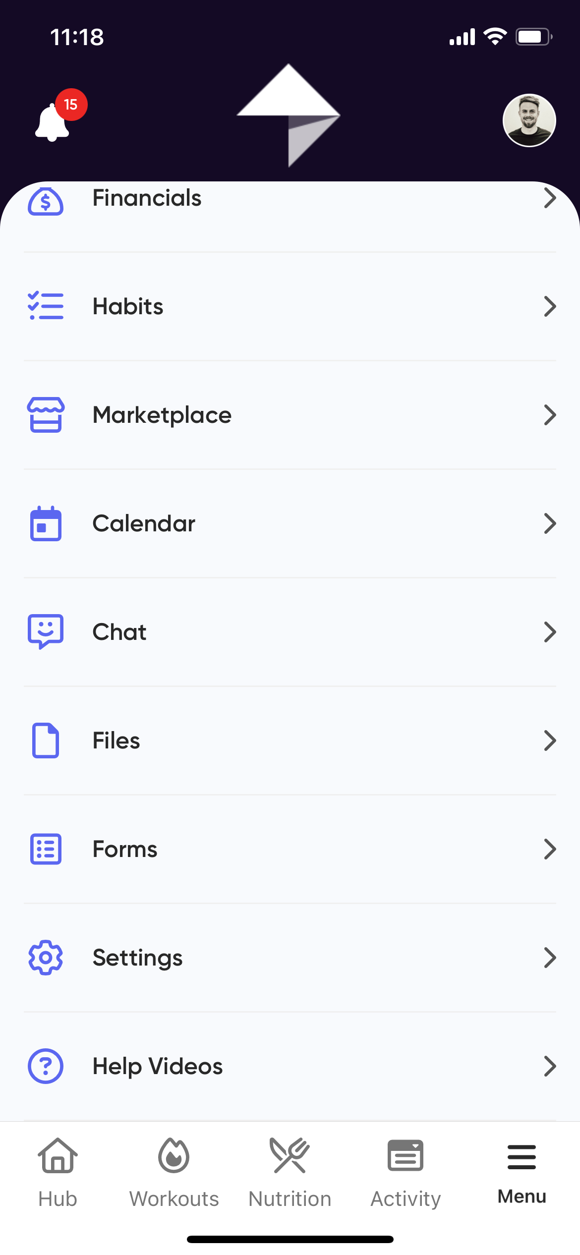 App client viewing marketplace from menu