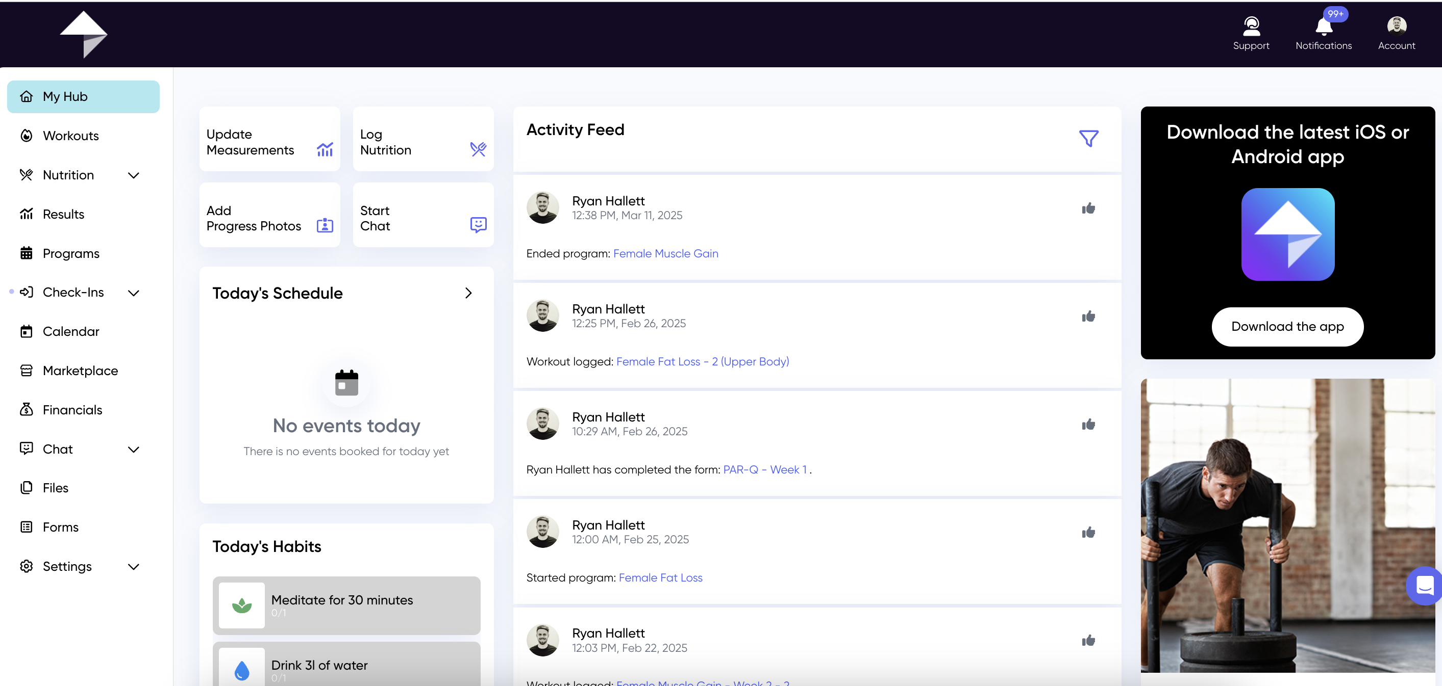 Client hub with check ins
